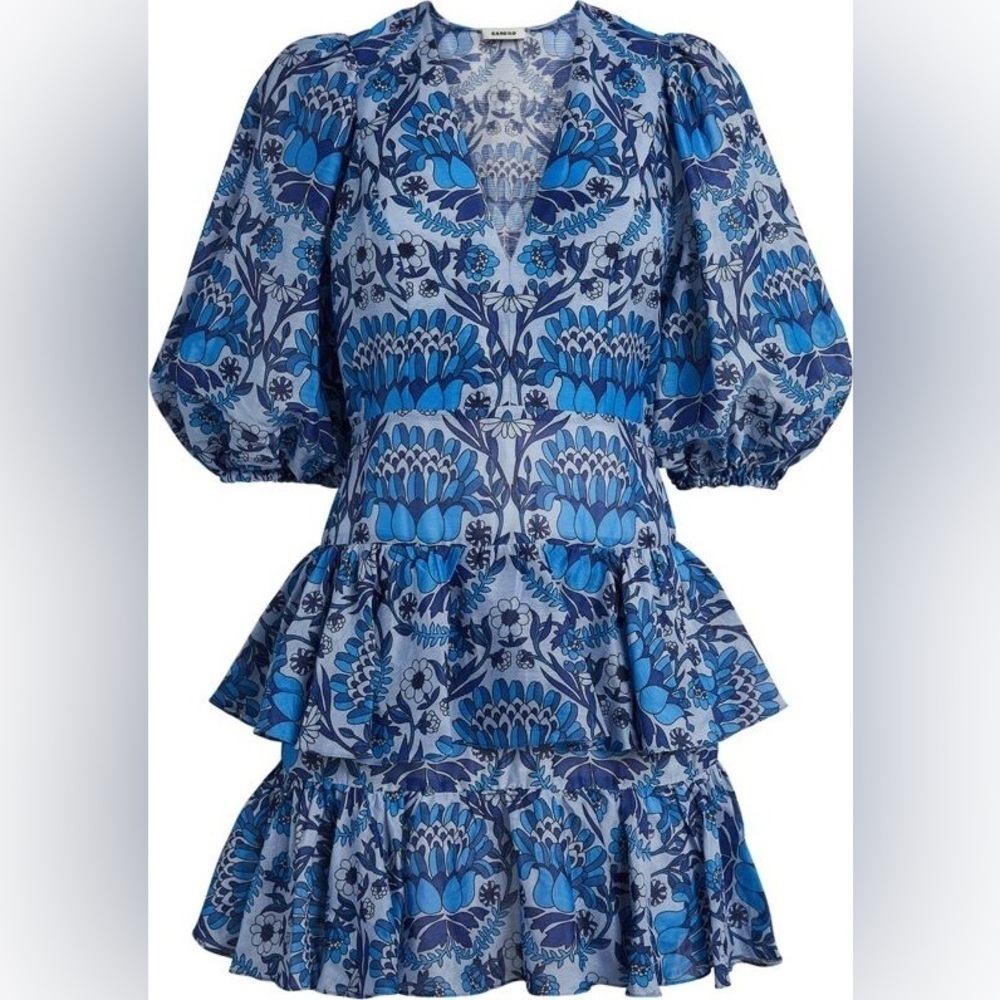 New! SANDRO PARIS Eyana Yana Scarf Linen Print Mini Dress 💙 XS - Picture 3 of 11